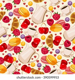 Seamless pattern in french style with food. Background for menu, cafeteria, cafe, restaurant with french cuisine.