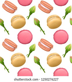 Seamless pattern with french sweet macaroons and roses. Fresh bakery. Can be used in food industry for wallpapers, posters, wrapping paper. Vector Eps10