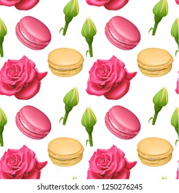 Seamless pattern with french sweet macaroons and roses. Fresh bakery. Can be used in food industry for wallpapers, posters, wrapping paper. Vector Eps10