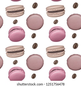 Seamless pattern with french sweet macaroons and coffee beans. Fresh bakery. Can be used in food industry for wallpapers, posters, wrapping paper. Vector Eps10