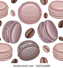 Seamless pattern with french sweet macaroons and coffee beans. Fresh bakery. Can be used in food industry for wallpapers, posters, wrapping paper. Vector Eps10 format