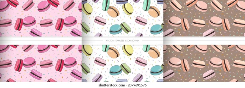 Seamless pattern with french sweet macaroons. Cute donuts. Delicious desserts. Fresh bakery. Can be used in food industry for wallpapers, posters, wrapping paper. Vector set