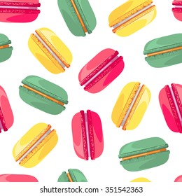 Seamless pattern with french sweet macaroons. Cute donuts isolated on white background. Delicious desserts. Fresh bakery. Can be used in food industry for wallpapers, posters, wrapping paper. Vector