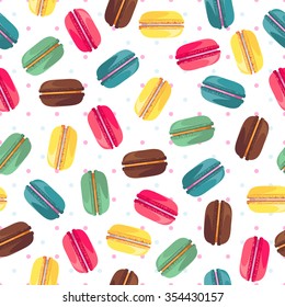 Seamless pattern with french sweet macaroons. Cute donuts isolated on white background. Delicious desserts. Fresh bakery. Can be used in food industry for wallpapers, posters, wrapping paper. Vector