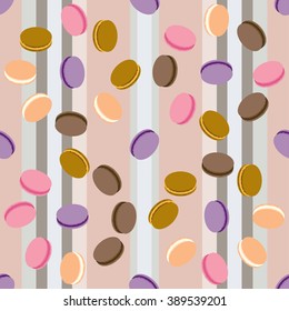 Seamless pattern with french sweet macaroons. Cute donuts isolated on striped background. Delicious desserts. Fresh bakery. Can be used in food industry for wallpapers, posters, wrapping paper. Vector