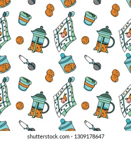 Seamless pattern with french-press and cookies. Doodle illustration. Fabric print pattern, stationery and wrapping.