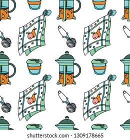 Seamless pattern with french-press, dish towel and tea-cup. Doodle illustration. Fabric print pattern, stationery and wrapping.