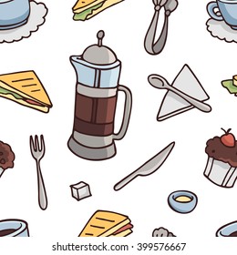 Seamless pattern with french-press, sugar, cup, knife, fork, sandwich, spoon, napkin, sugar tongs, dessert.