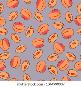 Seamless pattern with fresh apricots on grey background. Hand drawn vector illustration.