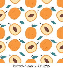 Seamless pattern with fresh apricots whole and half. Healthy and organic food. Ripe apricot and leaves endless background. Summer fruits in flat style for textile. Vector illustration
