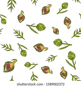 Seamless pattern with fresh artichoke. Hand drawn vector illustration.