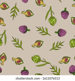 Seamless pattern with fresh artichoke. Hand drawn vector illustration.