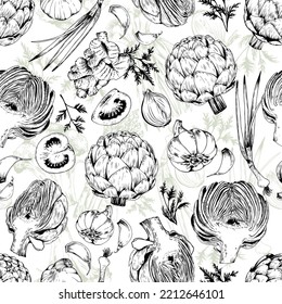 Seamless pattern with fresh artichokes, tomato and garlic. Hand drawn vector illustration on white background.