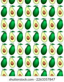 Seamless pattern of fresh avocado fruit, whole and cut in half avocado with pit