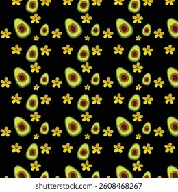 Seamless Pattern of Fresh Avocado Halves and Yellow Flowers on Black Background