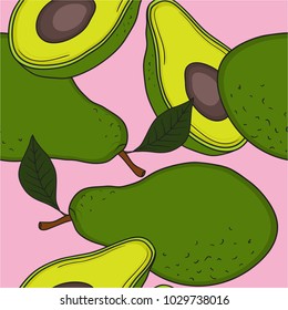 Seamless pattern with fresh avocado, hand drawn backdrop, print. Colorful illustration, raw food vector. Overlapping background with vegetables. Decorative wallpaper, good for printing