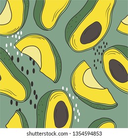 Seamless pattern with fresh avocado, hand drawn backdrop, print. Colorful illustration, raw food vector. Overlapping background with vegetables. Decorative wallpaper, good for printing