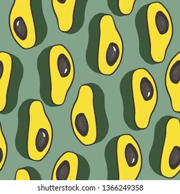 Seamless pattern with fresh avocado, hand drawn backdrop, print. Colorful illustration, raw food vector. Overlapping background with fruits. Decorative wallpaper, good for printing