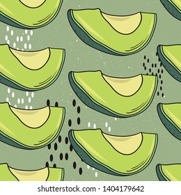 Seamless pattern with fresh avocado, hand drawn backdrop, print. Colorful illustration, raw food vector. Overlapping background with fruits. Decorative wallpaper, good for printing