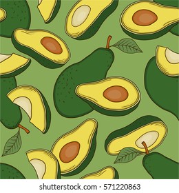 Seamless pattern with fresh avocado, hand drawn icons set. Colorful illustration, raw food vector. Background with vegetables. Decorative wallpaper, good for printing