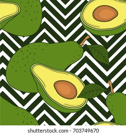 Seamless pattern with fresh avocado, hand drawn backdrop. Colorful illustration, raw food vector. Overlapping background with vegetables. Decorative wallpaper, good for printing