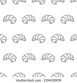 Seamless pattern with fresh baked croissant dessert in doodle engraved sketch style. Traditional morning breakfast product. Hand drawn illustration. For menu, bar, coffee shop, cafe, bakery,restaurant