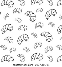 Seamless pattern with fresh baked croissant dessert in doodle engraved sketch style. Traditional morning breakfast product. Hand drawn illustration. For menu, bar, coffee shop, cafe, bakery,restaurant