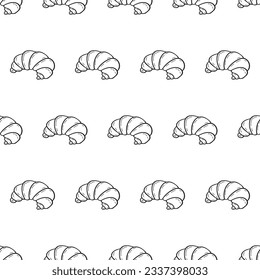 Seamless pattern with fresh baked croissant dessert in doodle engraved sketch style. Traditional morning breakfast product. Hand drawn illustration. For menu, bar, coffee shop, cafe, bakery,restaurant