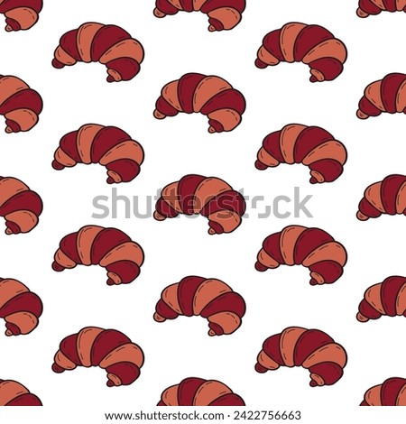 Seamless pattern with fresh baked croissant dessert in doodle engraved sketch style. Traditional morning breakfast product. Hand drawn illustration. For menu, bar, coffee shop, cafe, bakery,restaurant
