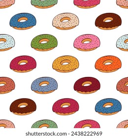 Seamless pattern with fresh baked glazed donuts in doodle sketch style. Traditional dessert product. Colorful cartoon hand drawn illustration. For menu, bar, coffee shop, cafe, bakery, restaurant.
