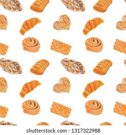 Seamless pattern with fresh bakery vector illustrations: croissant, bun, puff. On white background. Hand drawn.