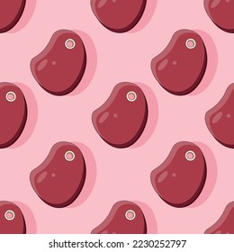 Seamless pattern with fresh beef steak with a bone on pink background. Ornament with pork meat in cut out paper style