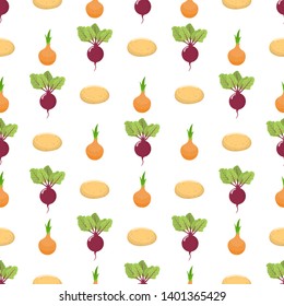 Seamless pattern with fresh beet, onion and potato vegetables. Organic food. Cartoon style. Vector illustration for design, web, wrapping paper, fabric, wallpaper.