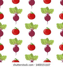 Seamless pattern with fresh beet and tomato vegetables. Organic food. Cartoon style. Vector illustration for design, web, wrapping paper, fabric, wallpaper.