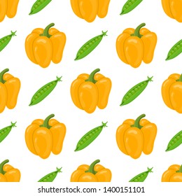 Seamless pattern with fresh bell pepper and pea vegetables. Organic food. Cartoon style. Vector illustration for design, web, wrapping paper, fabric, wallpaper.