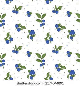 Seamless pattern with fresh blueberries, blueberry bushes. Pattern for textiles, wrapping paper. Vector graphics