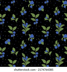 Seamless pattern with fresh blueberries, blueberry bushes. Pattern for textiles, wrapping paper. Vector graphics