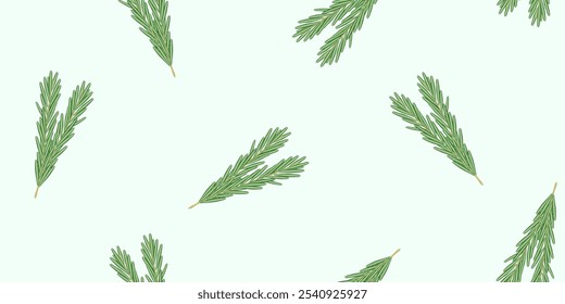 Seamless pattern with fresh branches of rosemary on light green background, vector