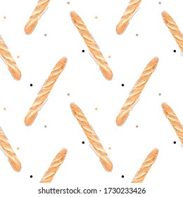 Seamless pattern with fresh bread. French baguette. Wallpaper, print, packaging, paper, banner, poster. Vector illustration.