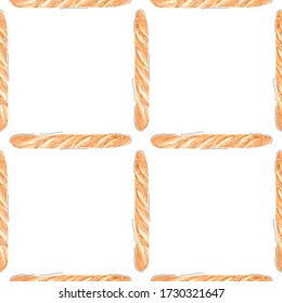 Seamless pattern with fresh bread. French baguette. Wallpaper, print, packaging, paper, banner, poster. Vector illustration.