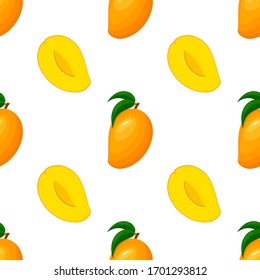 Seamless pattern with fresh bright exotic whole and half mango isolated on white background. Summer fruits for healthy lifestyle. Organic fruit. Cartoon style. Vector illustration for any design.
