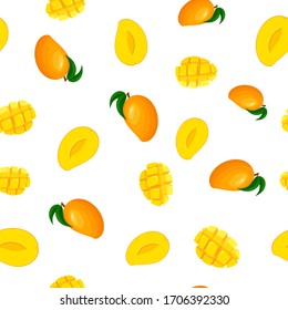 Patrón sin incandescencias con mango fresco, exótico y rebanado aislado en fondo blanco. Frutas de verano para un estilo de vida saludable. Fruta orgánica. Estilo de caricatura. Ilustración vectorial para cualquier diseño.