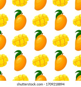 Patrón sin incandescencias con mango fresco, exótico y rebanado aislado en fondo blanco. Frutas de verano para un estilo de vida saludable. Fruta orgánica. Estilo de caricatura. Ilustración vectorial para cualquier diseño.