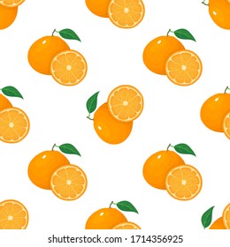 Seamless pattern with fresh bright exotic whole and half tangerine or mandarin isolated on white background. Summer fruits for healthy lifestyle. Organic fruit. Vector illustration for any design.