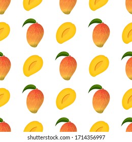 Seamless pattern with fresh bright exotic whole and half mango isolated on white background. Summer fruits for healthy lifestyle. Organic fruit. Cartoon style. Vector illustration for any design.