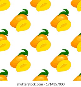 Nahtloses Muster mit frischen, hellen exotischen Ganzen und halb Mango einzeln auf weißem Hintergrund.Sommerfrüchte für gesunden Lebensstil. Bio-Früchte. Cartoon-Stil. Vektorgrafik für jedes Design.