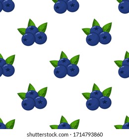 Seamless pattern with fresh bright exotic blueberries on white background. Summer fruits for healthy lifestyle. Organic fruit. Cartoon style. Vector illustration for any design.