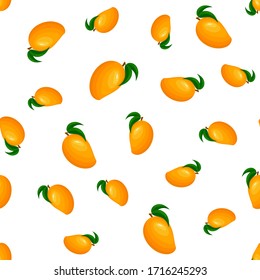 Seamless pattern with fresh bright exotic whole mango isolated on white background. Summer fruits for healthy lifestyle. Organic fruit. Cartoon style. Vector illustration for any design.