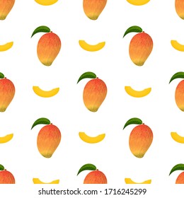 Seamless pattern with fresh bright exotic whole and sliced mango isolated on white background. Summer fruits for healthy lifestyle. Organic fruit. Cartoon style. Vector illustration for any design.