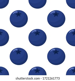 Seamless pattern with fresh bright exotic blueberries on white background. Summer fruits for healthy lifestyle. Organic fruit. Cartoon style. Vector illustration for any design.